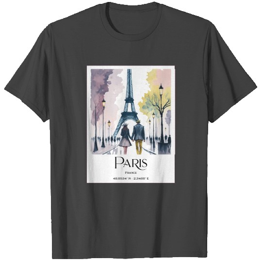 Painting Couple walking in Paris Park Eiffel Tower T Shirts