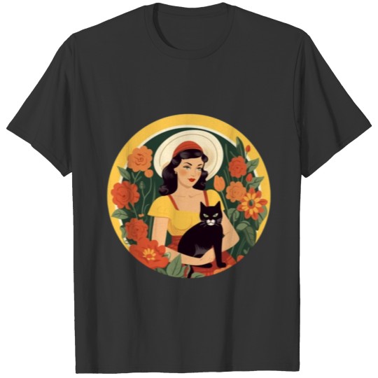 Beautiful girl with black cat in flower garden T Shirts