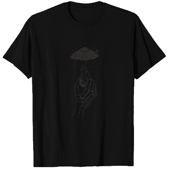 Skeleton Hand Holding Magic Mushroom Black T Shirts