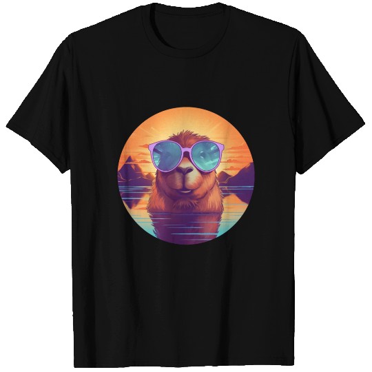 Sunset Serenity: Rustic Capybara Stripe Illustrate T Shirts