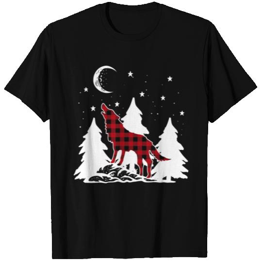 Buffalo Plaid Wolf Howling Christmas Pajama T Shirts
