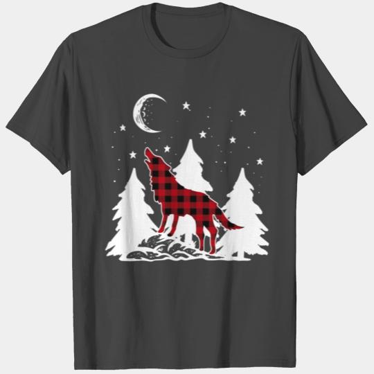 Buffalo Plaid Wolf Howling Christmas Pajama T Shirts
