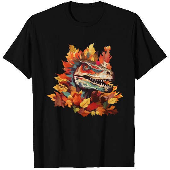 Colorful T-Rex: Dinosaur Amidst Autumn Leaves T Shirts