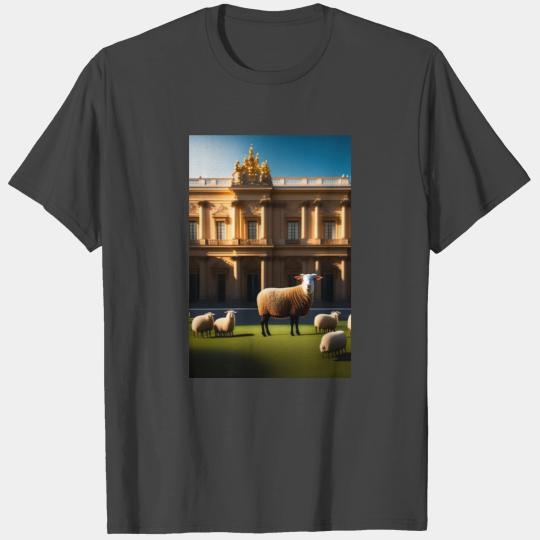 sheep in baroque armor in front of palace made of T Shirts