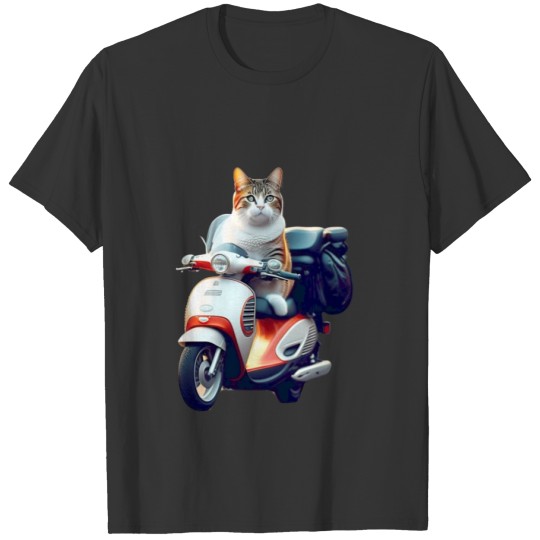 3D cute adorable white cat rides a red motorcycle T Shirts