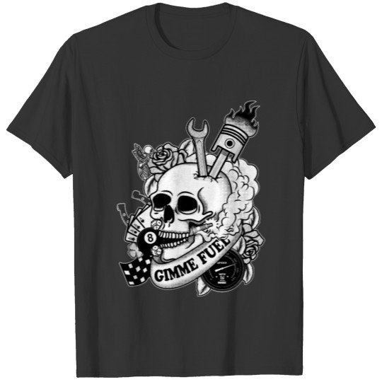 Skull and Smoke, Black and white - Gimme Fuel T Shirts