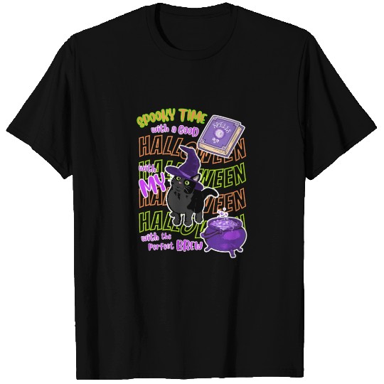 Spooky Time Black Halloween Cat Spell Book Witches T Shirts