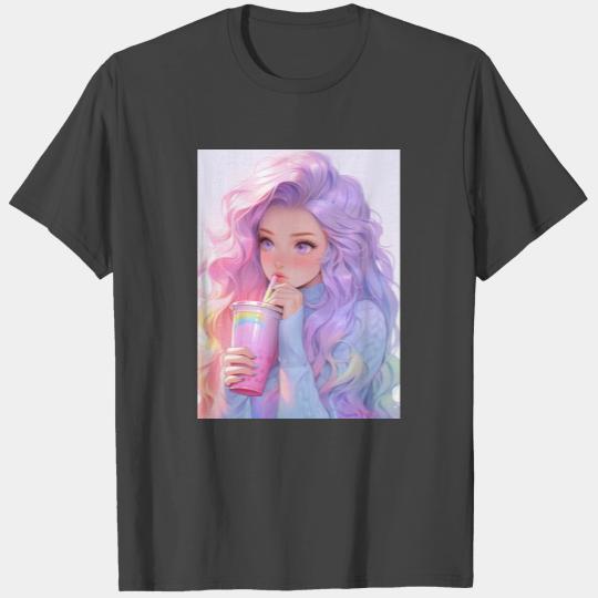 Boba Tea Anime Girl - Kawaii Lavender Hair T Shirts