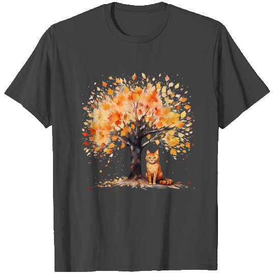 Artistic Fall Tree Cat - Watercolor Orange Cat T Shirts