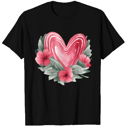 Red Heart and Flowers Watercolor T Shirts