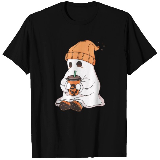 Cute Ghost Drinking Coffee Halloween Spooky Season T Shirts