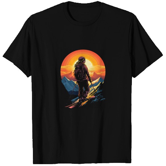 Skiing Girl Ski Snow Mountain Skier Sunset Women T Shirts