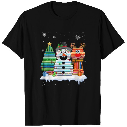 Christmas Tree Snowman Reindeer Book Stack T Shirts