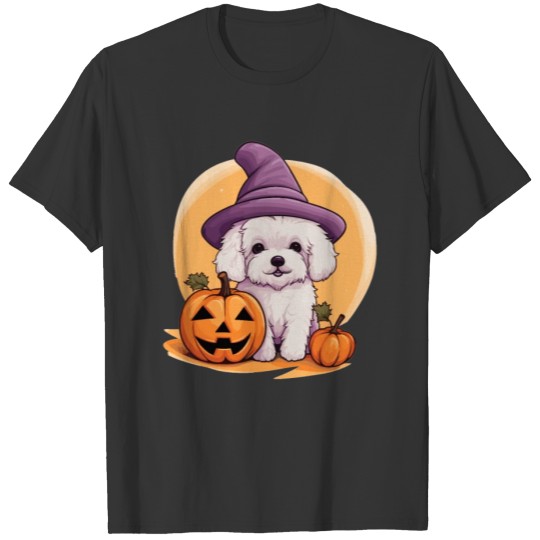 Halloween Witch Hat Pumpkin Dog Bichon Frise T Shirts