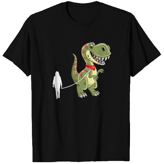 T Rex Dinosaur Pet On a Leach Led By A Girl T Shirts