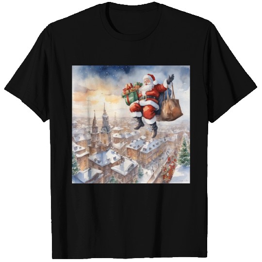 Christmas and Santa Claus descending from the sky. T Shirts