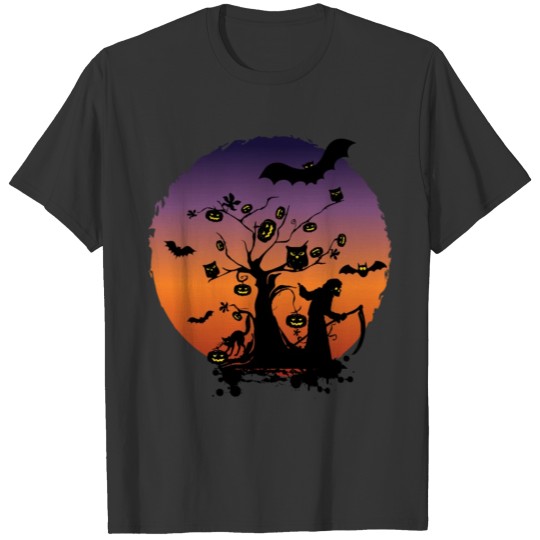 Happy Halloween Creepy Illustration With Cat Bats T Shirts