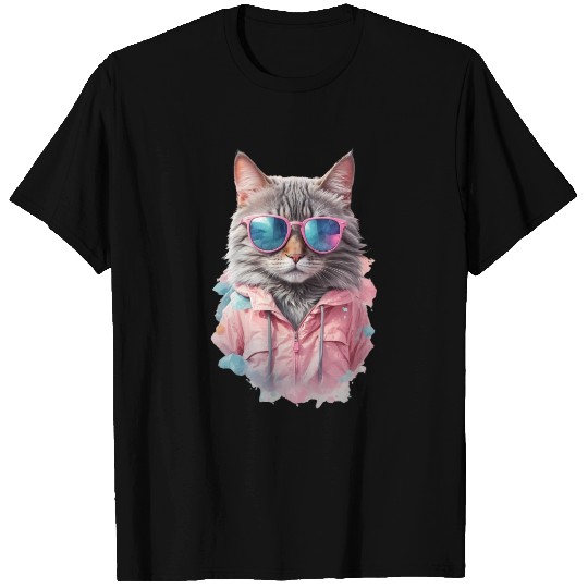Modern Chic Cat In Pink Pastel Color T Shirts