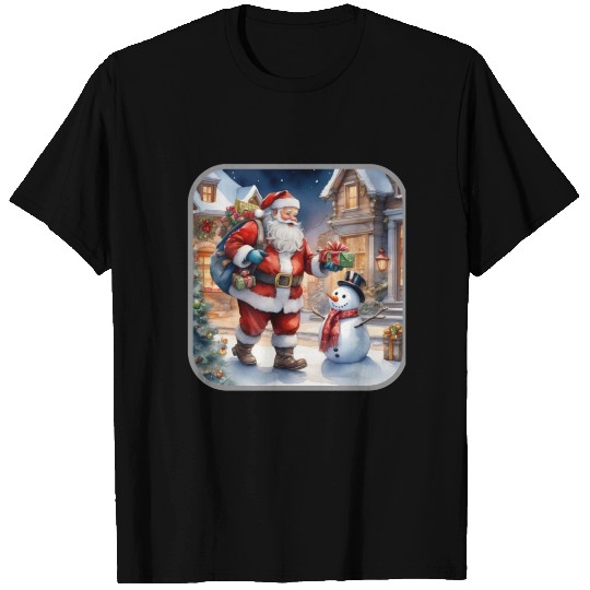 Santa Claus and a snowman distributes gifts. T Shirts