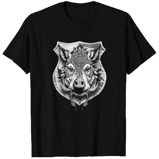 shield with wild boar head - DIGITAL - grayscale T Shirts