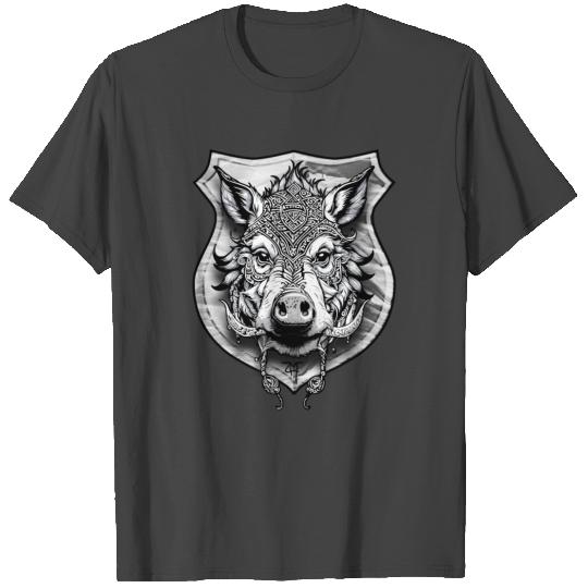 shield with wild boar head - DIGITAL - grayscale T Shirts