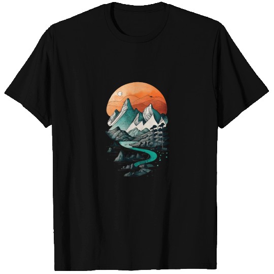 Orange and teal coloured graphic of mountains T Shirts