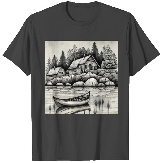 Graphite painting of a boat and a house T Shirts