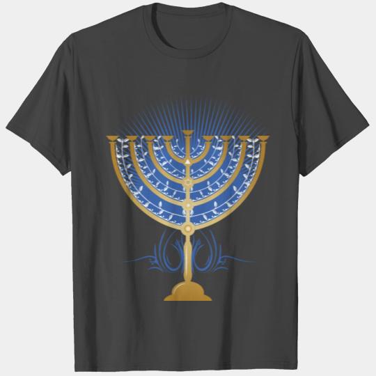 gold-colored Hanukkah candlestick with blue rays T Shirts