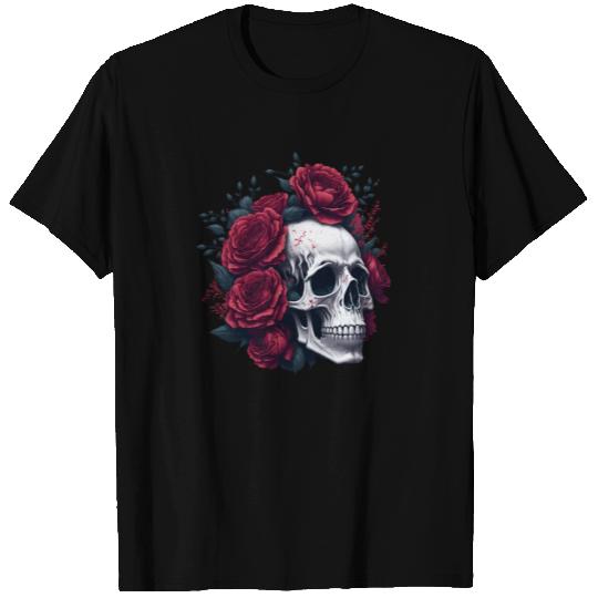 Skull And Roses Red Flowers Gothic T Shirts