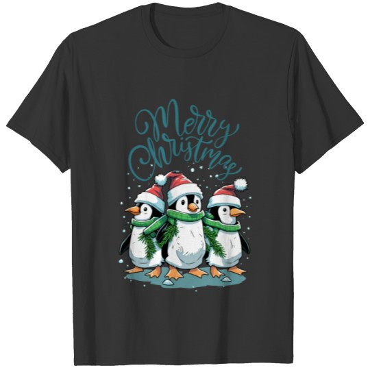 Playful Penguins in Snow Merry Christmas T Shirts