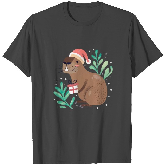 Capybara Christmas Holding A Gift Box T Shirts