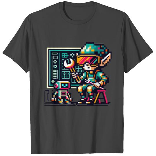 Quirky 8-bit Pixel Art Cyberpunk Elf and Robot T Shirts