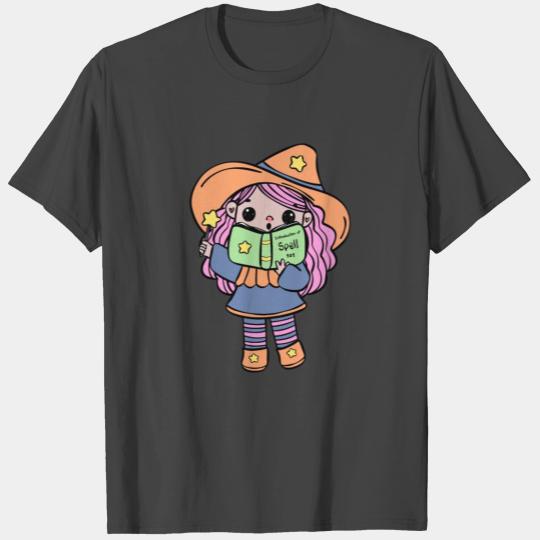 Colorful Cute Halloween Witch Cartoon – Spell Book T Shirts