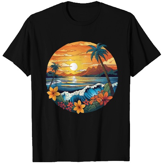 Retro Surfboard Design Flowers Palm Trees Ocean T Shirts