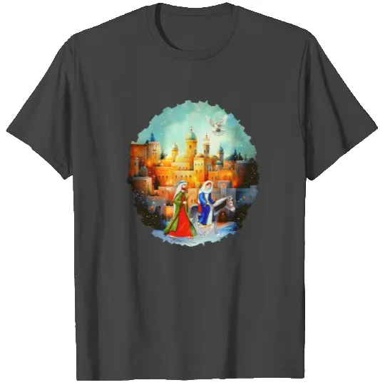 Mary and Joseph in Bethlehem with donkey T Shirts