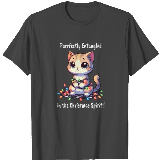 Cute Christmas Cat - Clumsily Tangled in Fairy Lig T Shirts