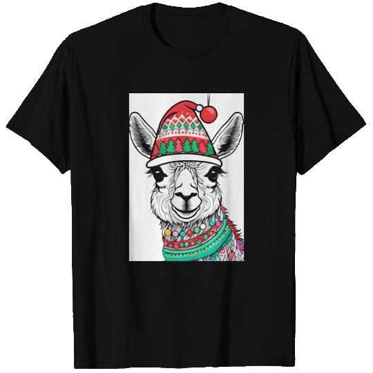 Cute Llama with Christmas Hat T Shirts
