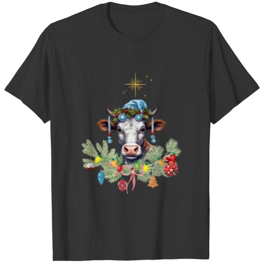 Christmas Cow in a Blue Stocking Cap T Shirts