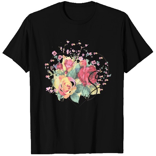 Letter S Monogram Floral Roses Heart T Shirts