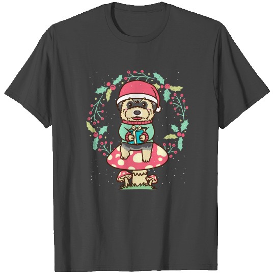 Morkie Dog On Mushroom Christmas Wreath Xmas T Shirts