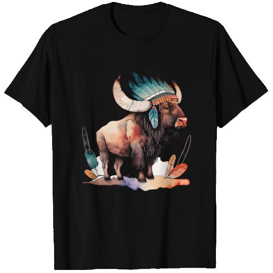 Buffalo Native American Style Watercolor Design T Shirts