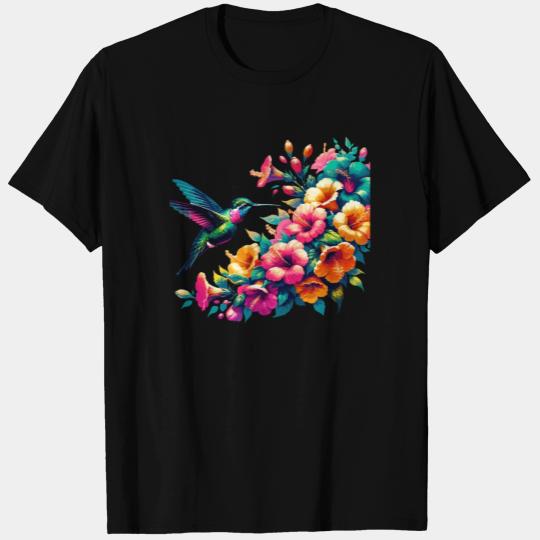 Hummingbird and Hibiscus Blossom Art T Shirts