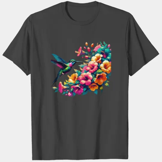 Hummingbird and Hibiscus Blossom Art T Shirts