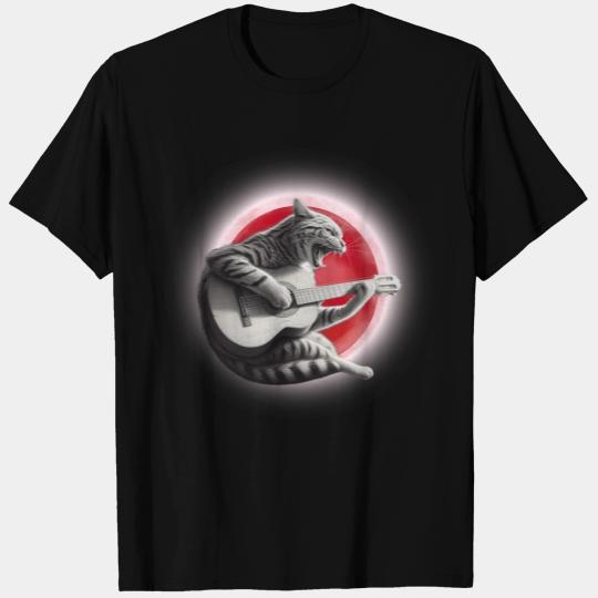 Rock Cat Playing Guitar T Shirts under the red moon