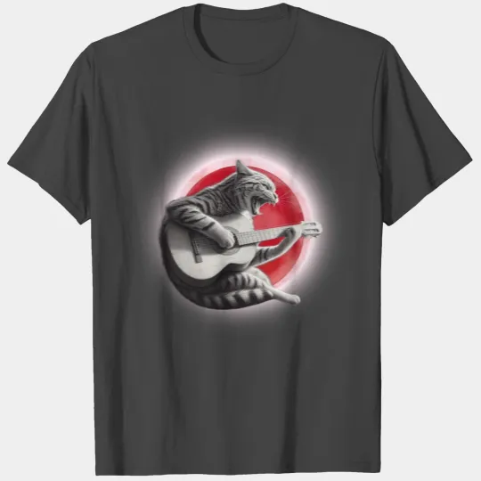 Rock Cat Playing Guitar T Shirts under the red moon