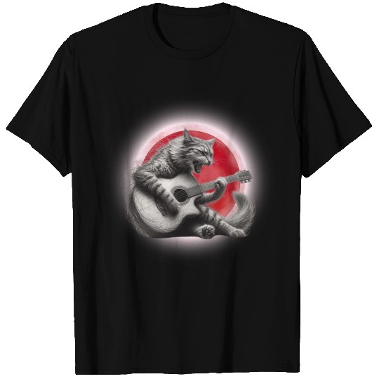 Rock Cat Playing Guitar T Shirts under the red moon