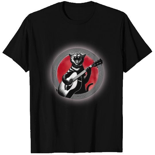 Rock Cat Playing Guitar T Shirts under the red moon