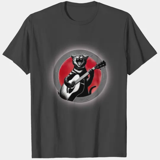 Rock Cat Playing Guitar T Shirts under the red moon