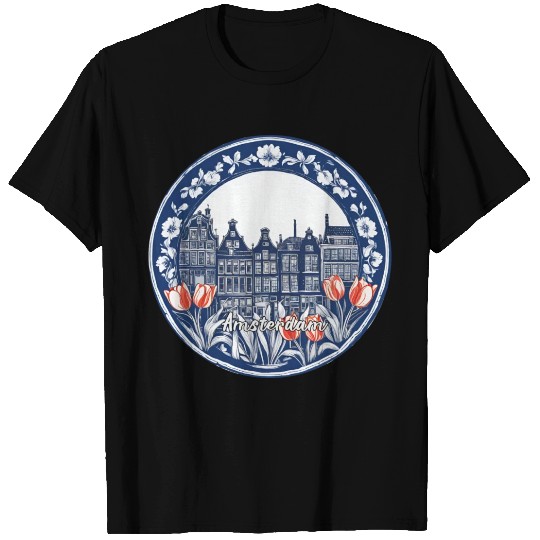 Amsterdam Houses Red Tulips Dutch Blue T Shirts