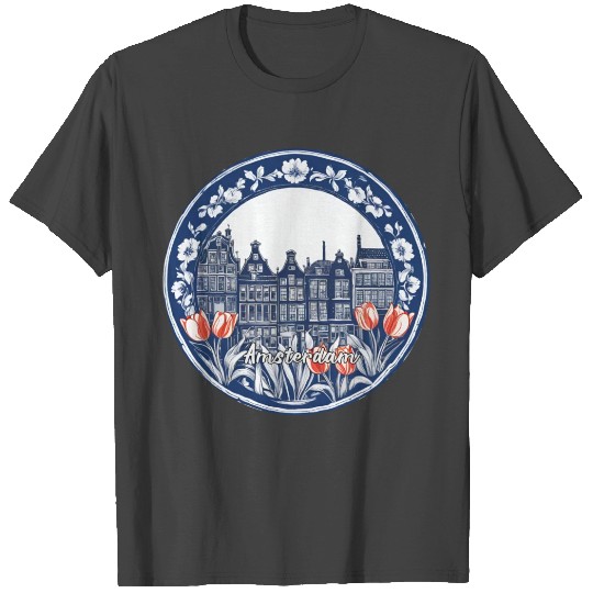 Amsterdam Houses Red Tulips Dutch Blue T Shirts